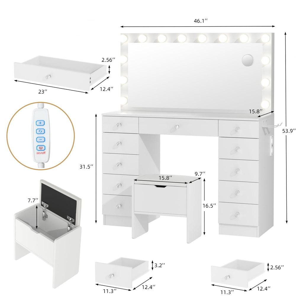 46" Vanity with Lighted Mirror and 11 Drawers B779
