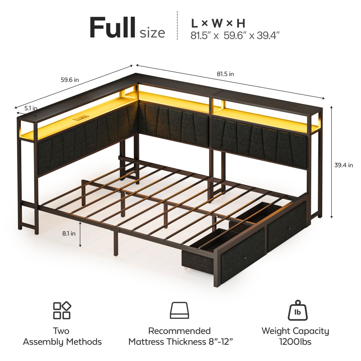 Black Full Size Storage Drawer Bed Frame with LED Lights and Charging Station G8433