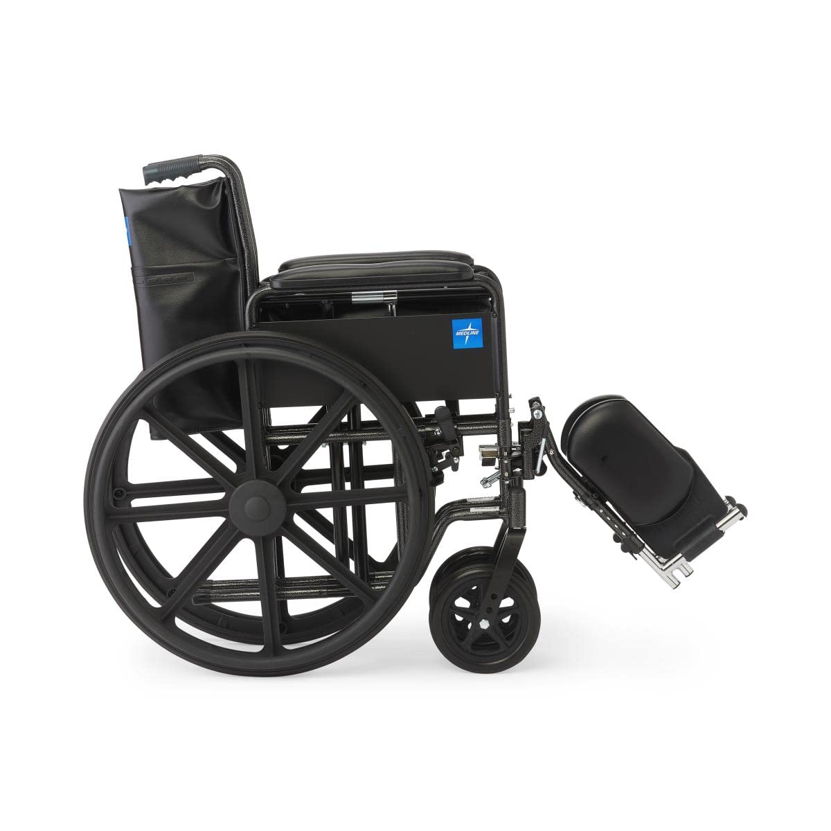 Vinyl Wheelchair with Full-Length Arms and Elevating Leg Rests, 18-Inch Wide Seat, Black E785778