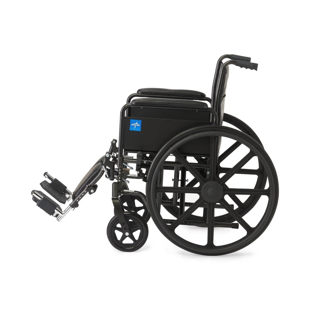 Vinyl Wheelchair with Full-Length Arms and Elevating Leg Rests, 18-Inch Wide Seat, Black E785778