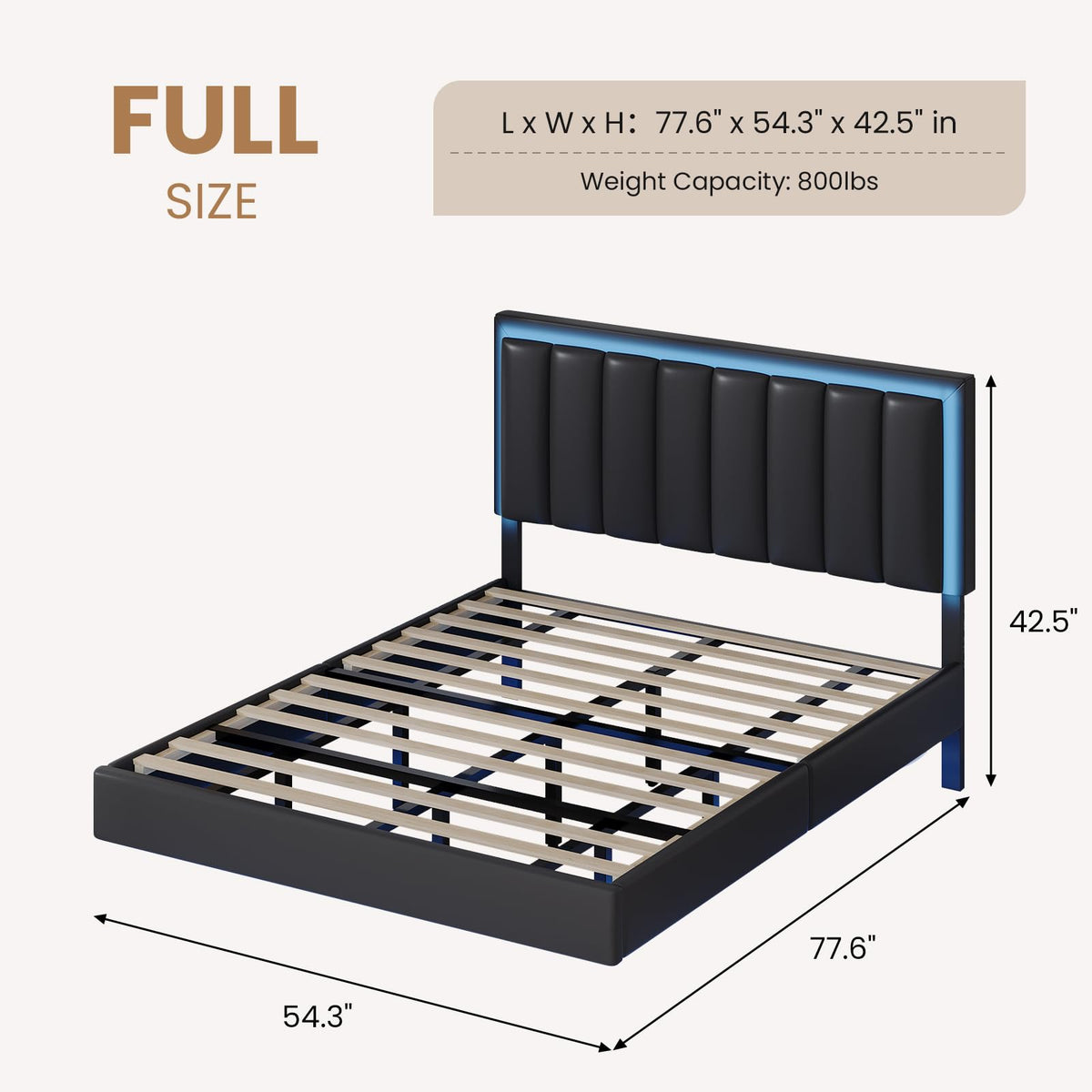 Black Full Size Floating Bed Frame with LED Lights F211