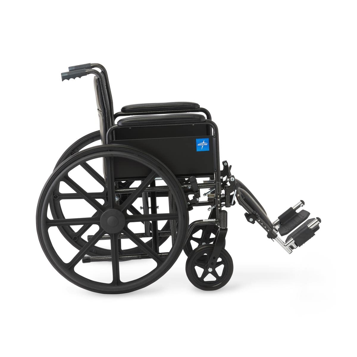 Vinyl Wheelchair with Full-Length Arms and Elevating Leg Rests, 18-Inch Wide Seat, Black E785778