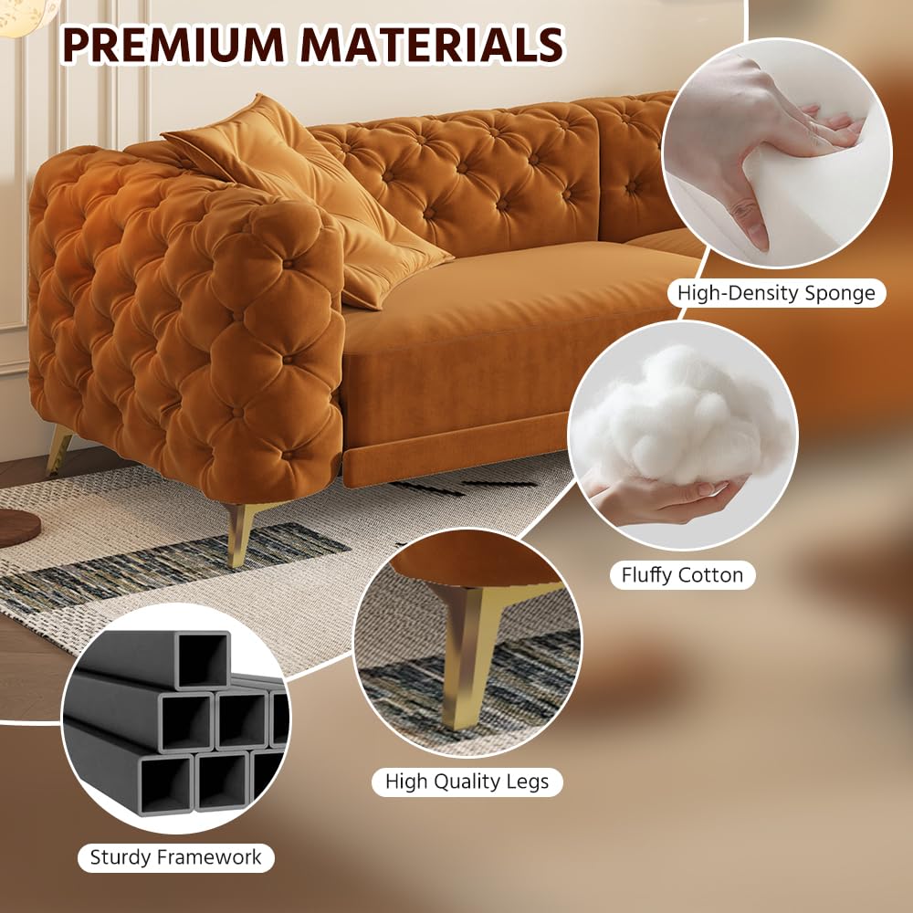 Orange Velvet 4-Seater Convertible Sleeper Sofa with Ottoman G765