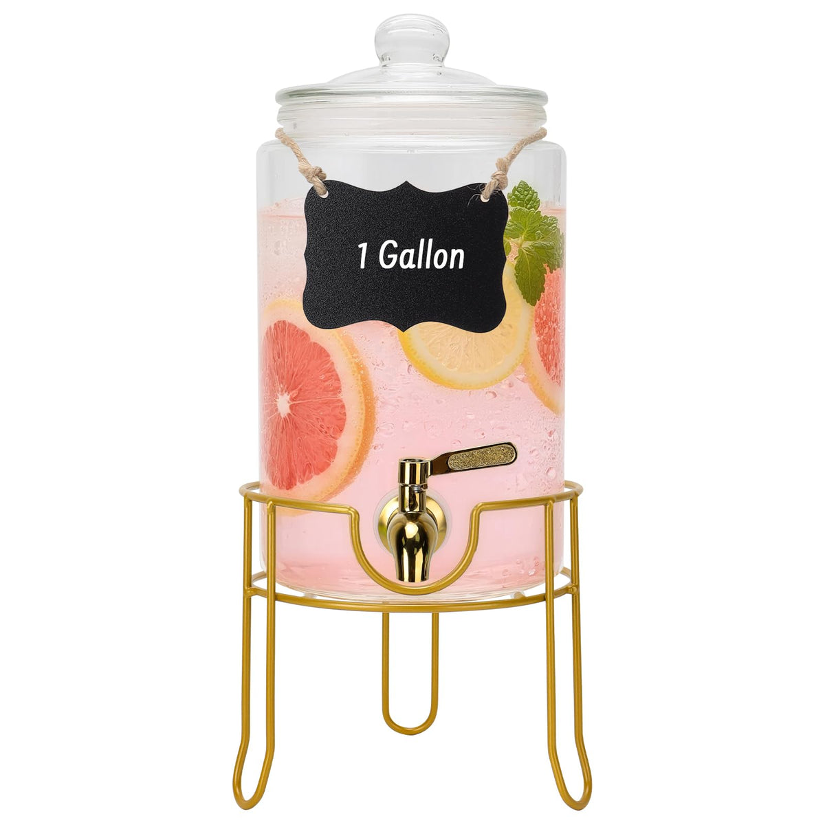 1 Gallon Glass Beverage Dispenser with Glass Airtight Lid and Stainless Steel Spigot E95434