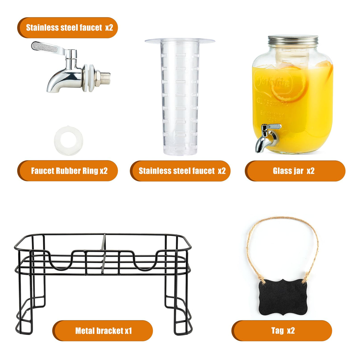 1 Gallon Glass Beverage Dispenser with Stand, Ice Cylinder and Stainless Steel Spigot, 2 Pack G94256