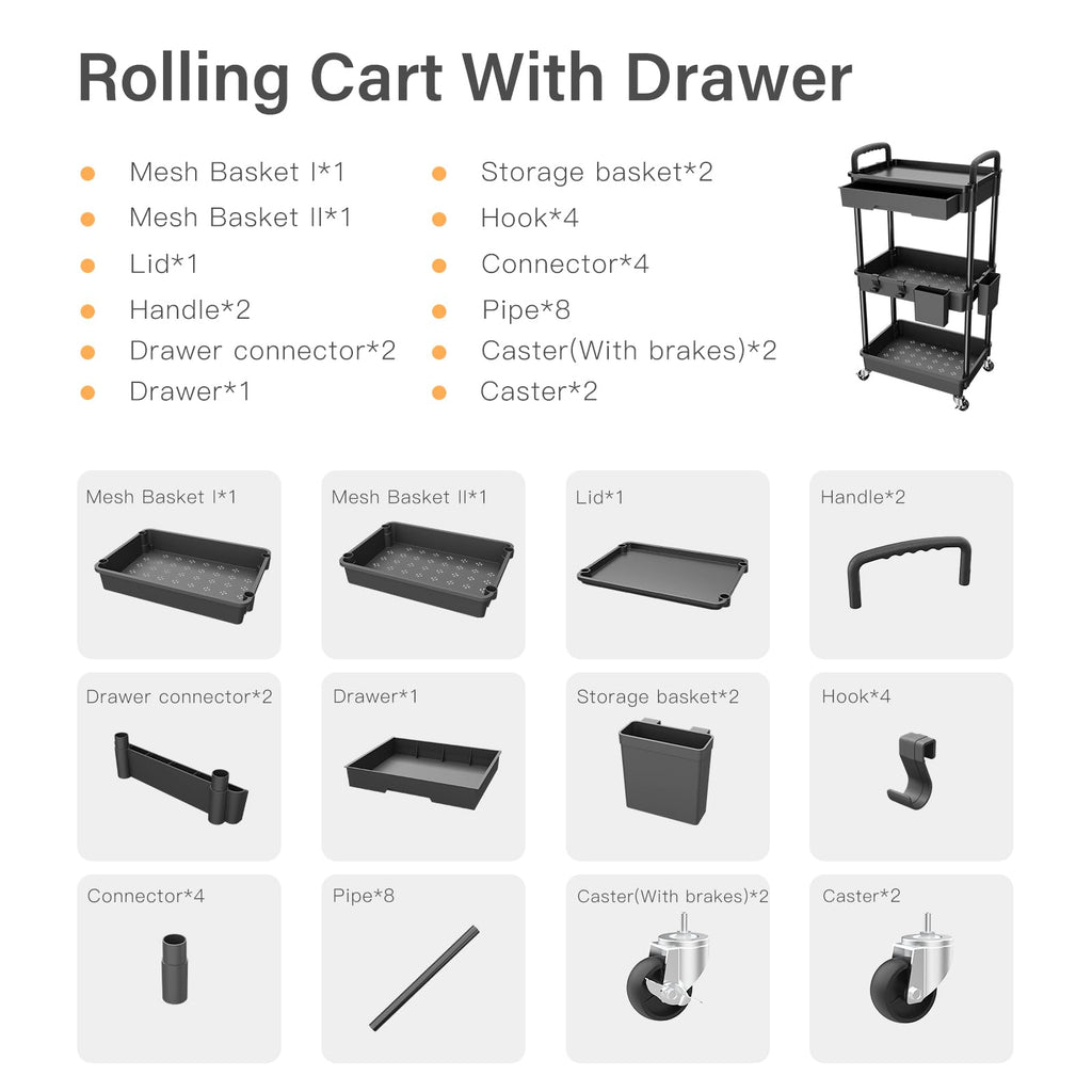 3 Tier Rolling Utility Cart with Drawer S67323
