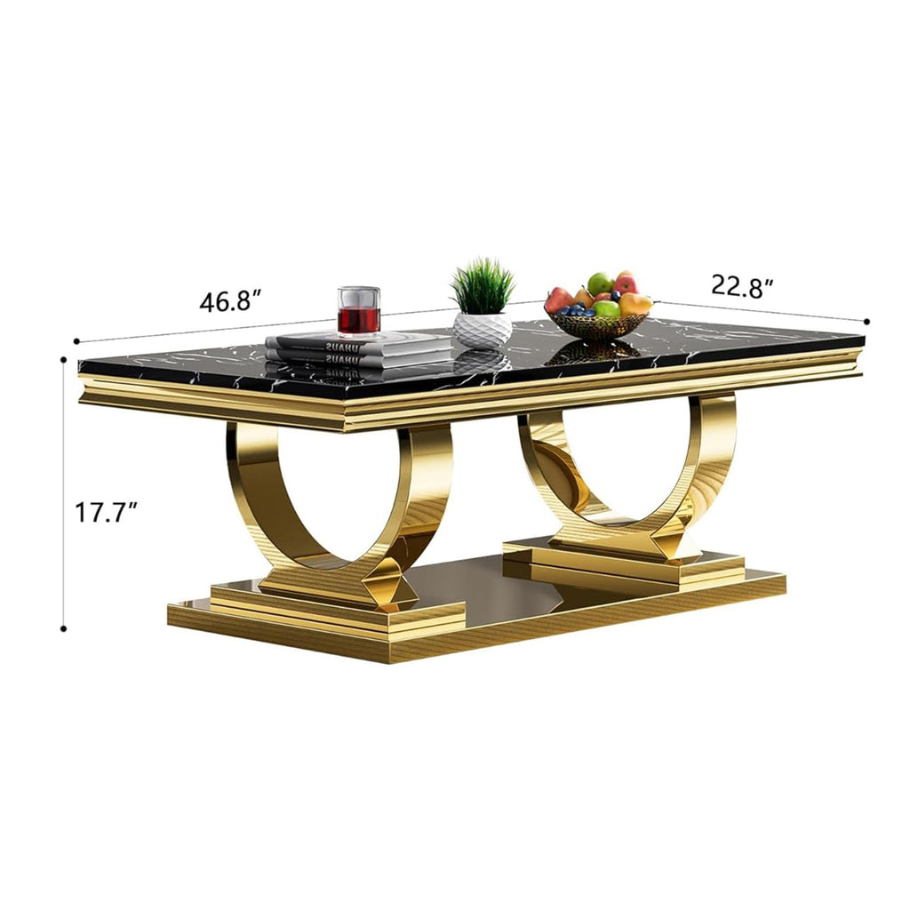 47" Black Faux Marble Coffee Table with Gold Pedestal Base T1499