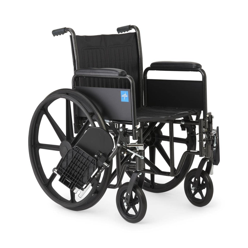 Vinyl Wheelchair with Full-Length Arms and Elevating Leg Rests, 18-Inch Wide Seat, Black E785778
