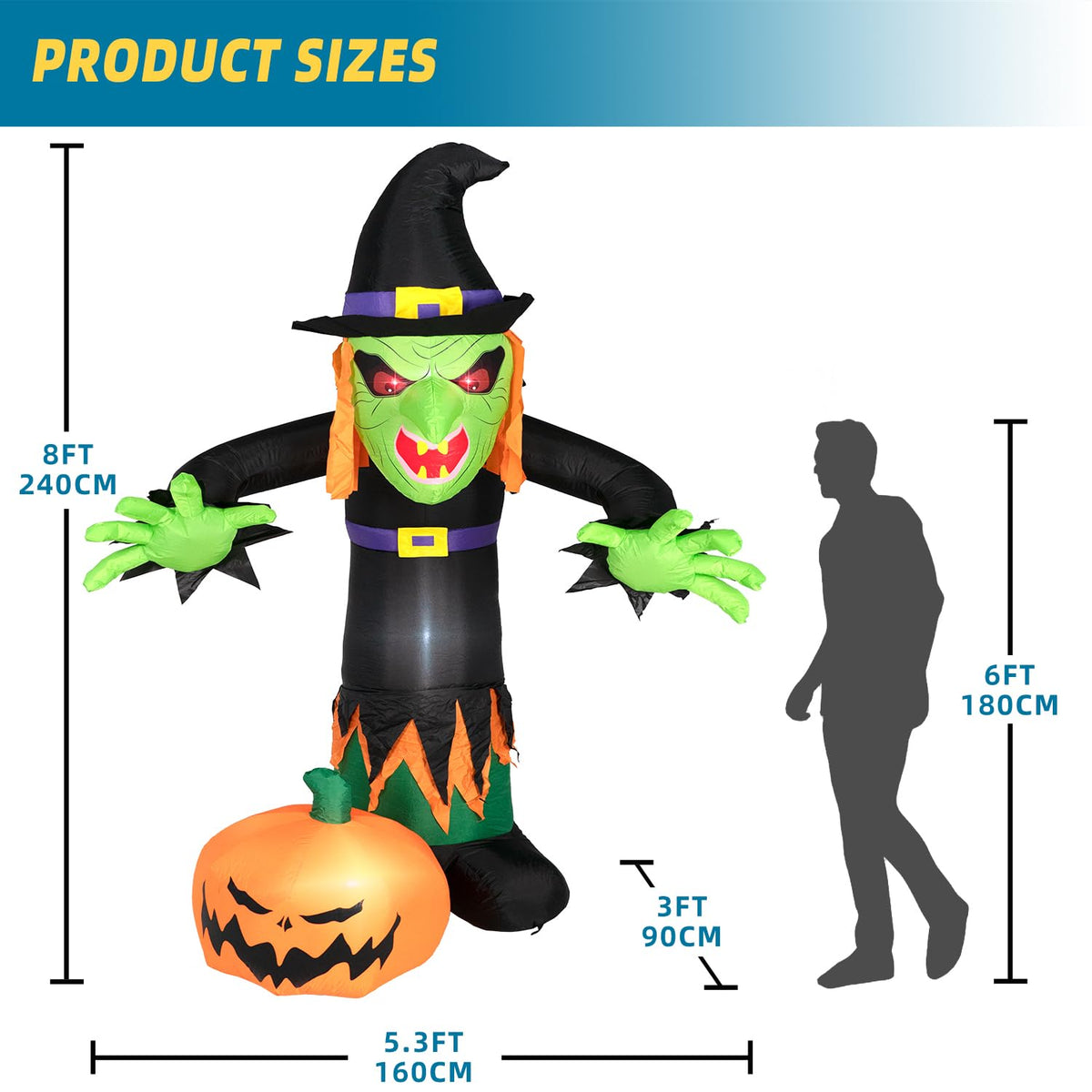 8FT Inflatable Witch Decorations with LED Lights V1312