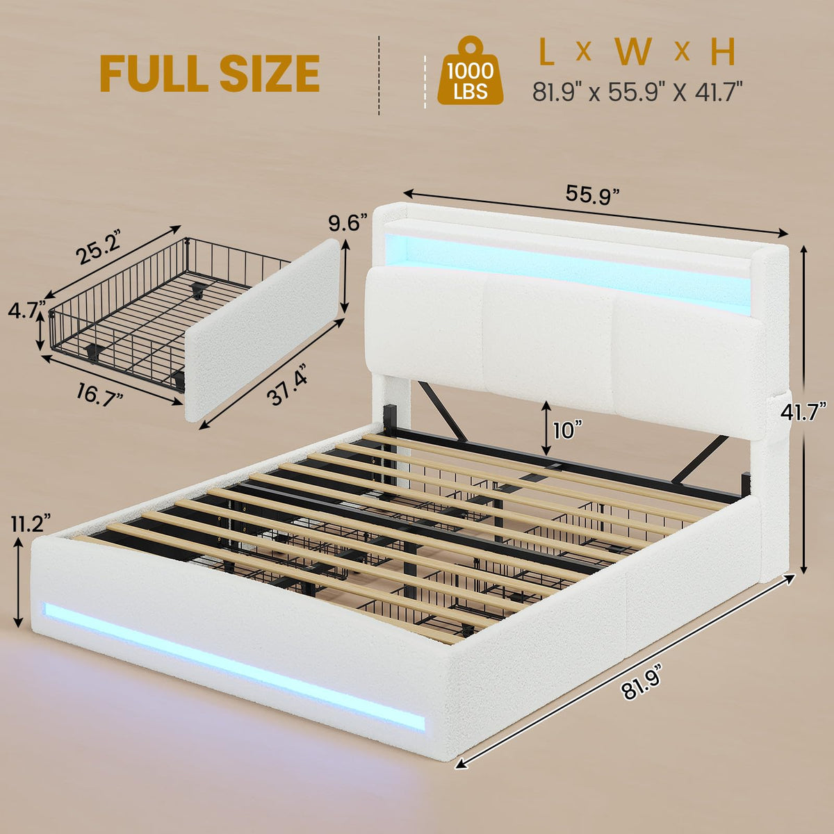Full Bed Frame with Storage Headboard and Charging Station V309