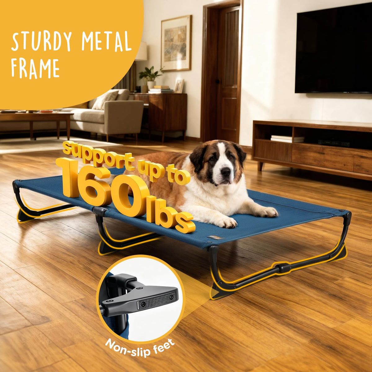 Large Elevated Dog Cot with Non-Slip Feet, Dark Blue B442