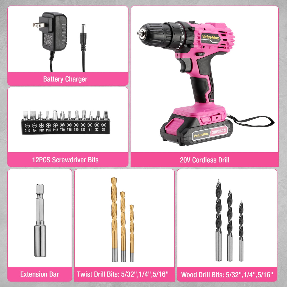 Pink 20V Cordless Drill Set with Battery and Charger T851