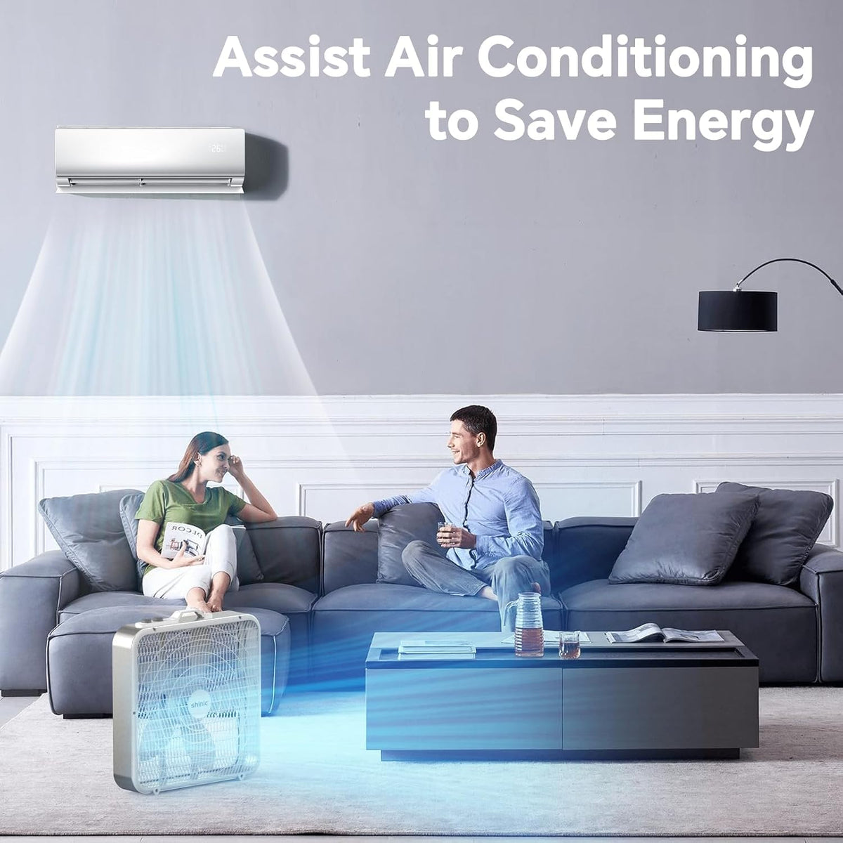 20” Box Fan with Thermostat, 3-Speed Portable Floor Fan, White B54093