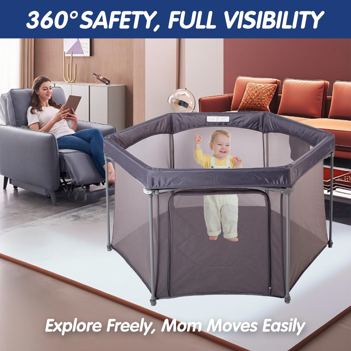 Baby Playpen 53x53 Inch Portable Play Yard with Breathable Mesh Walls Grey I782