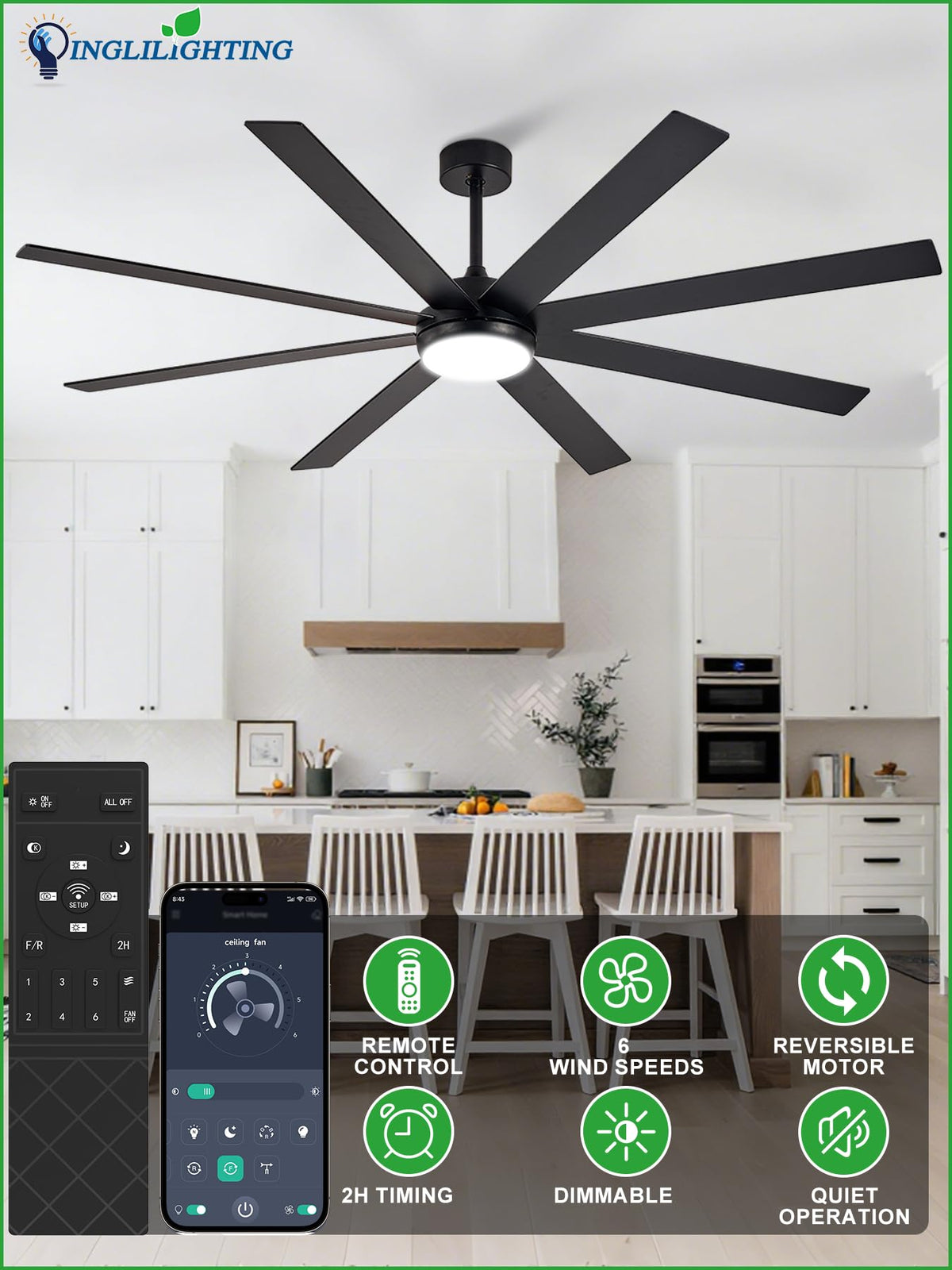 Black 72in Ceiling Fan with Lights Z3106