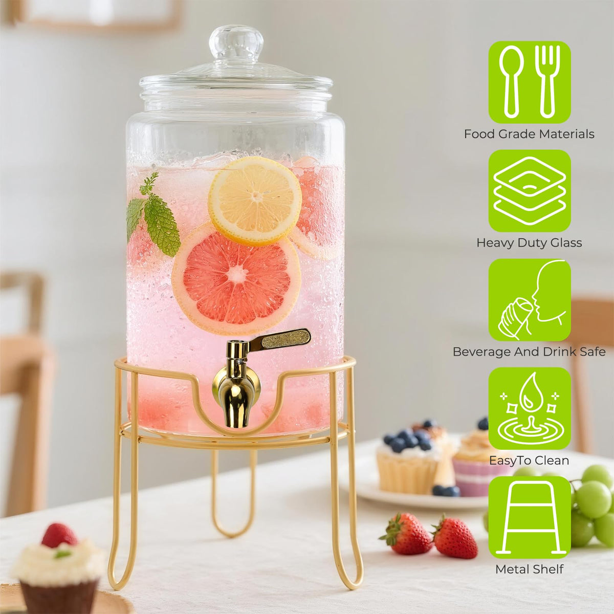 1 Gallon Glass Beverage Dispenser with Glass Airtight Lid and Stainless Steel Spigot E95434
