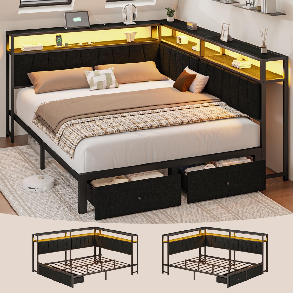Black Full Size Storage Drawer Bed Frame with LED Lights and Charging Station G8433