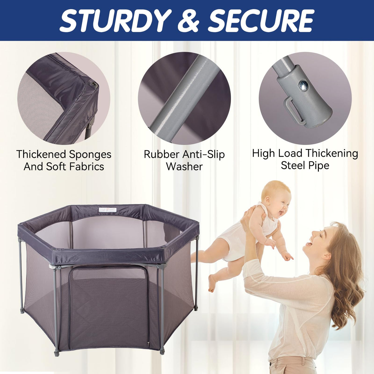 Baby Playpen 53x53 Inch Portable Play Yard with Breathable Mesh Walls Grey I782