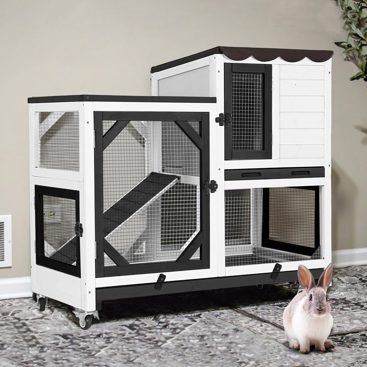 2-Story Wooden Rabbit Hutch with Wheels B818201