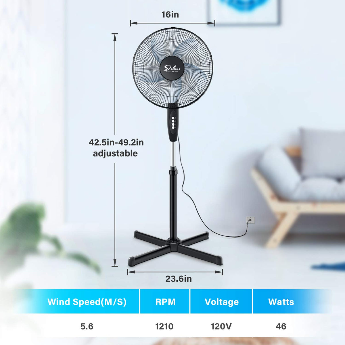 16″ 3 Speed Oscillating Pedestal Stand Fan, Black L5544