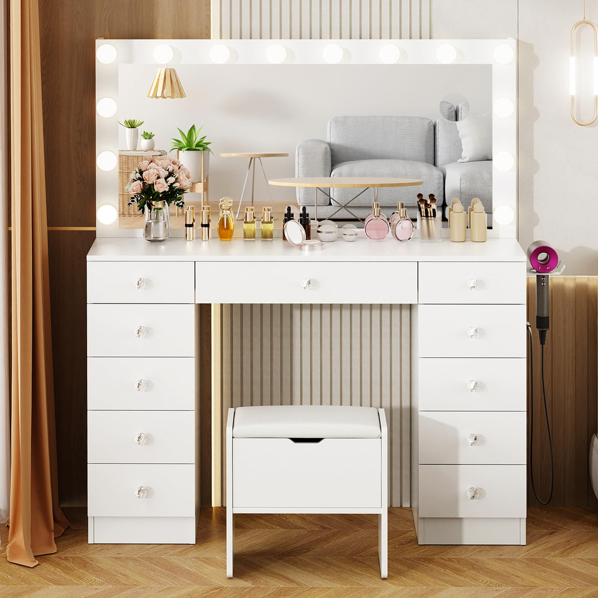 46" Vanity with Lighted Mirror and 11 Drawers B779