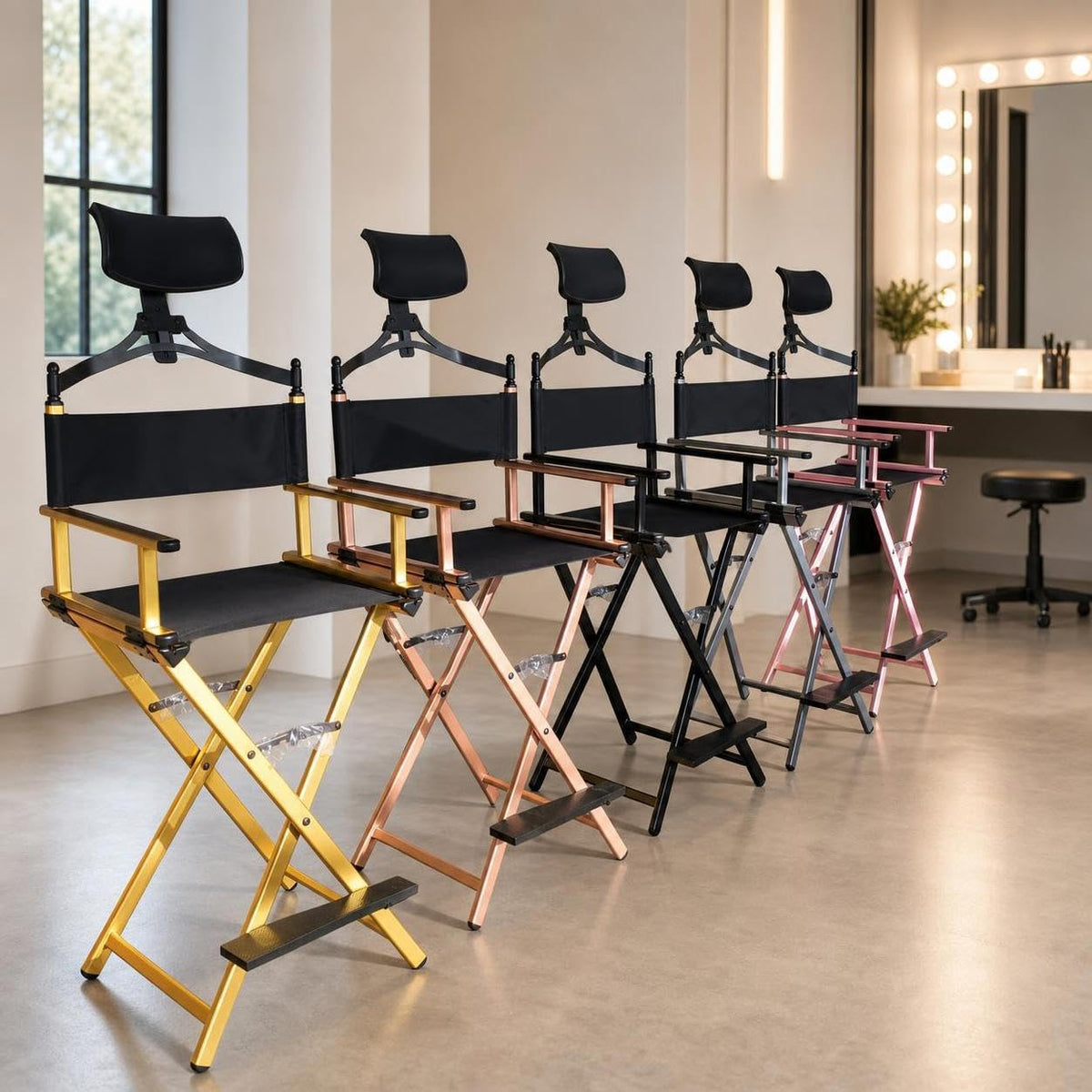Aluminum Folding Director Chair with Headrest, Adjustable Height, Side Tray and Phone Holder G1515