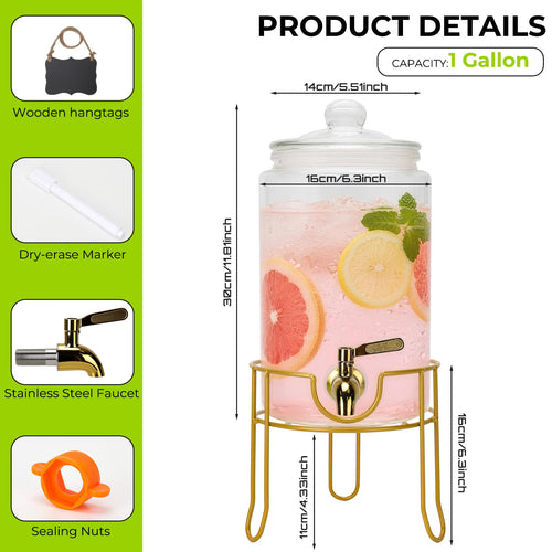 1 Gallon Glass Beverage Dispenser with Glass Airtight Lid and Stainless Steel Spigot E95434