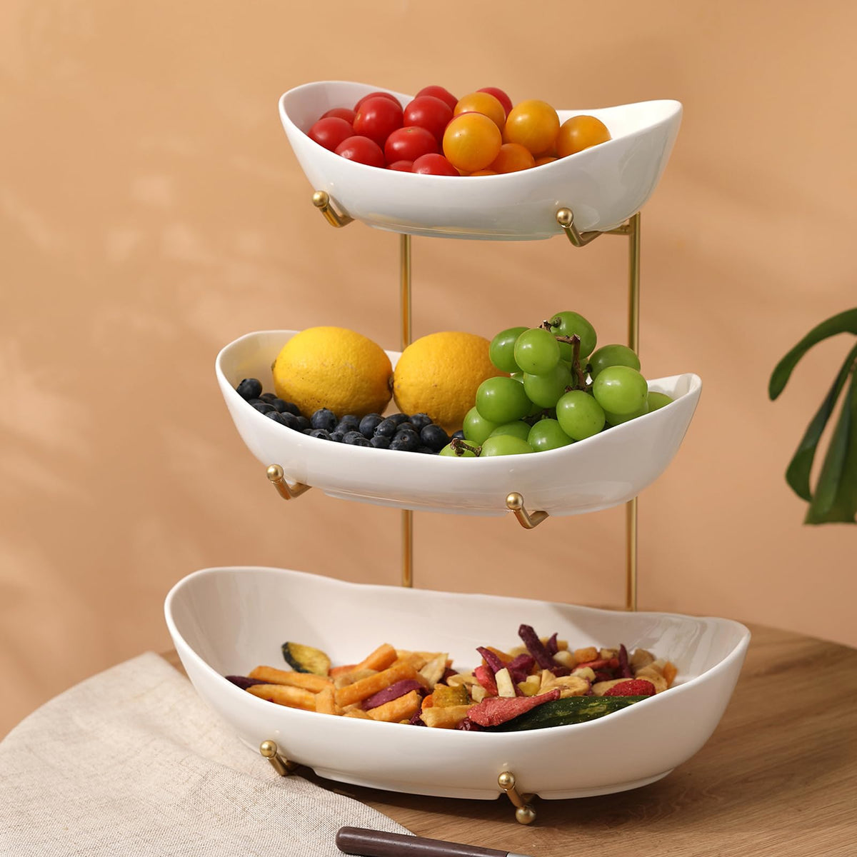 3 Tier Ceramic Fruit Bowl with Golden Metal Stand L677