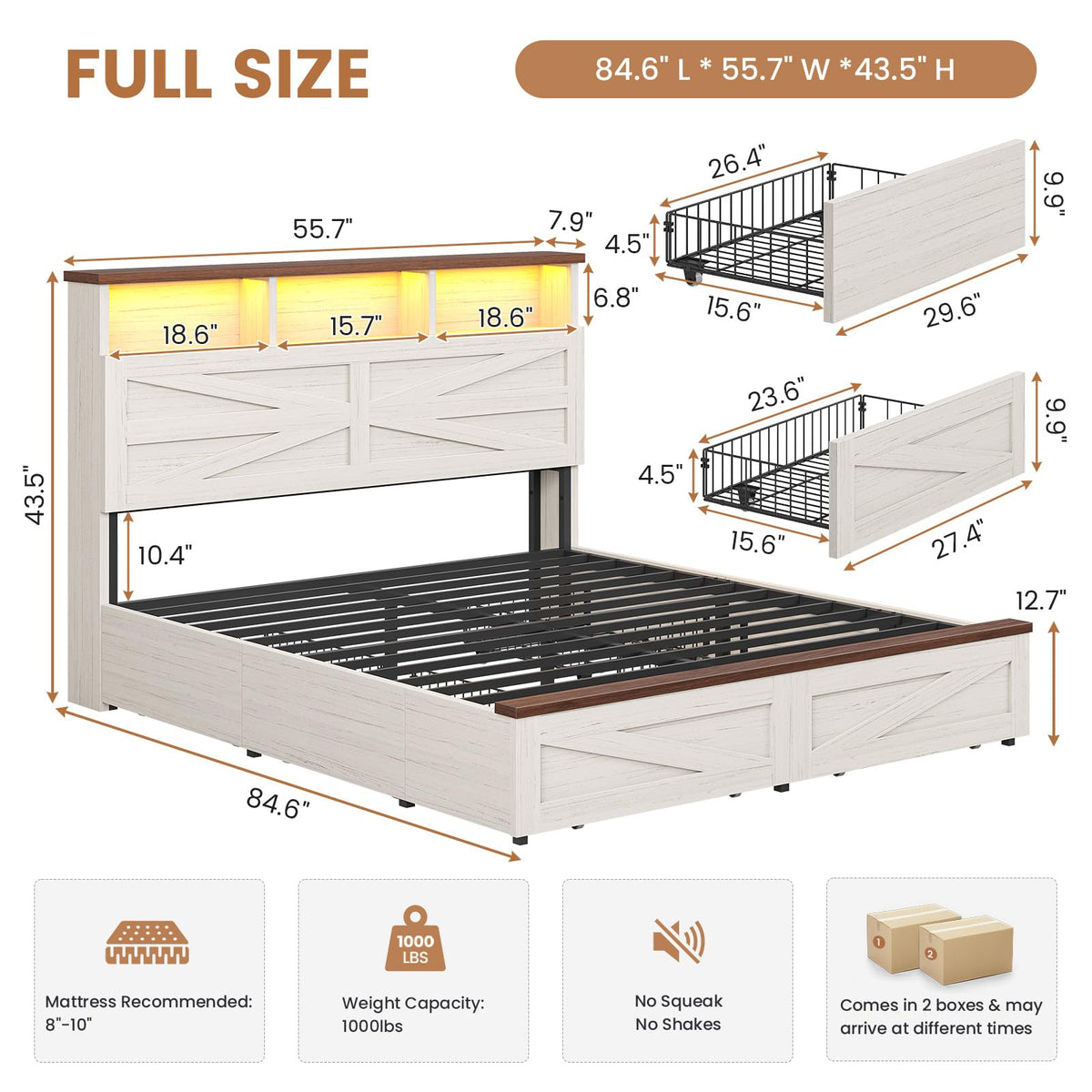 White Full Size Wood Bed Frame with 6 Drawers C150394