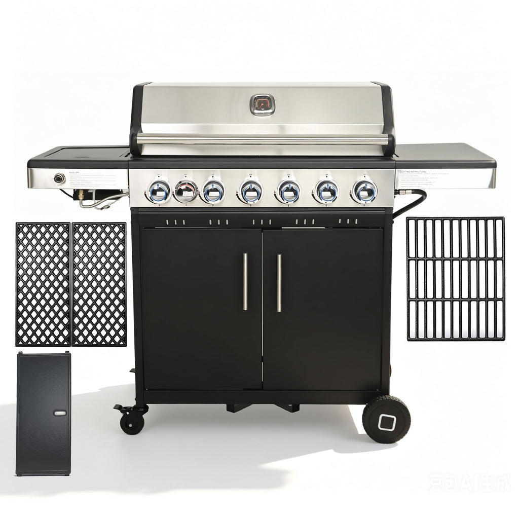 6-Burner Propane Gas Grill with Cast Iron Grates & Griddle, 54,600 BTU, Black K18745