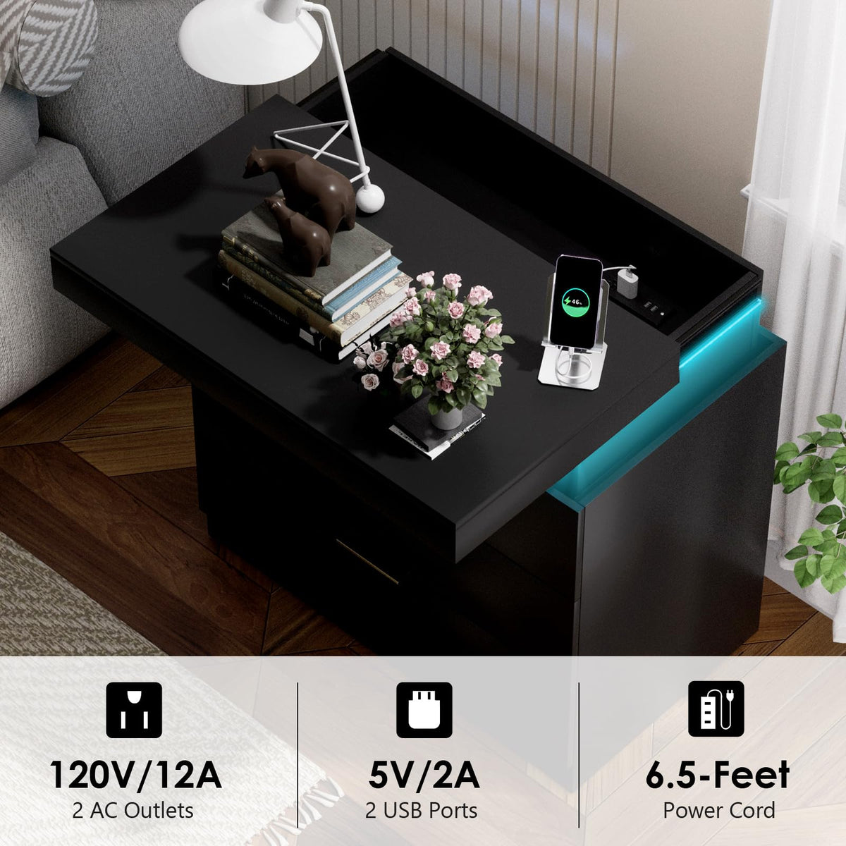 LED Smart Nightstand with Charging Station & RGB Lights D41223