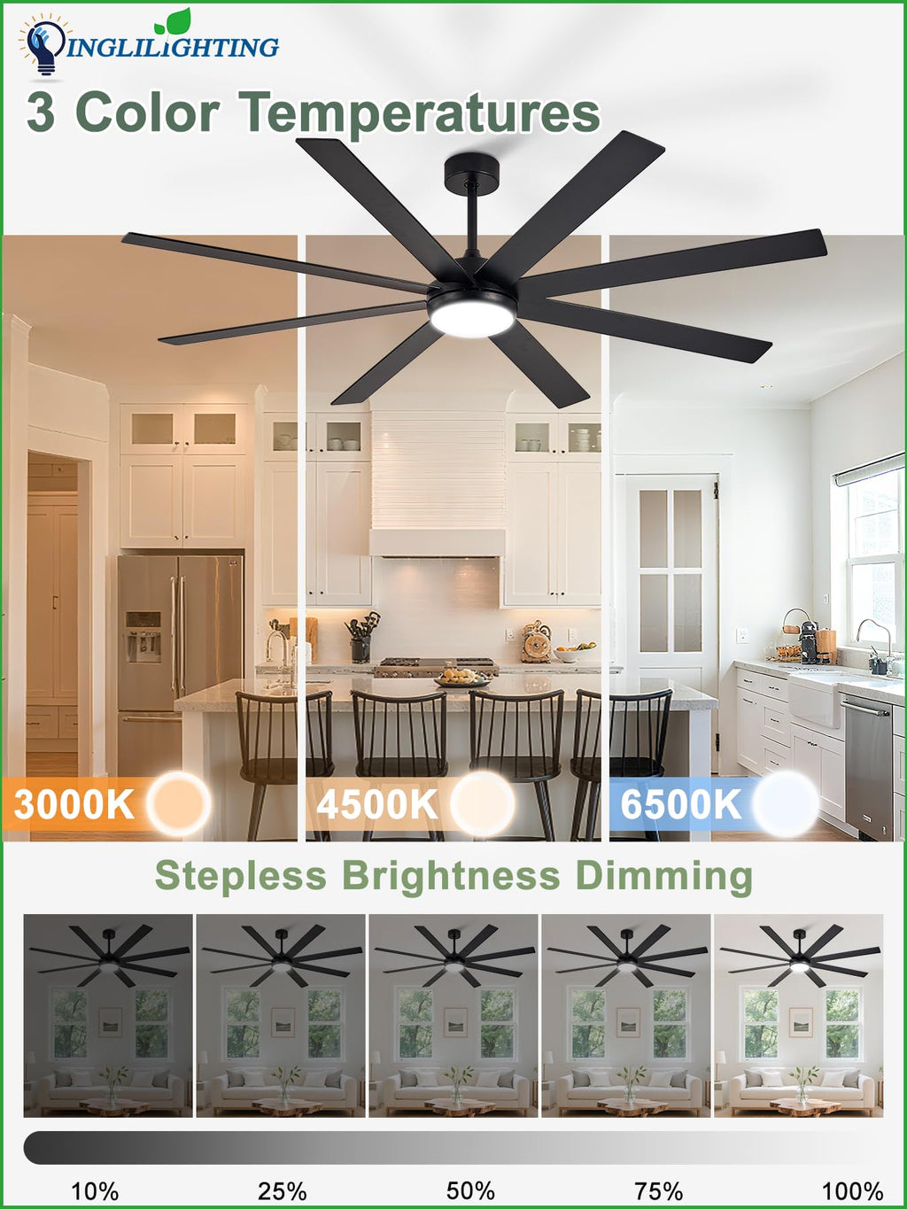 Black 72in Ceiling Fan with Lights Z3106