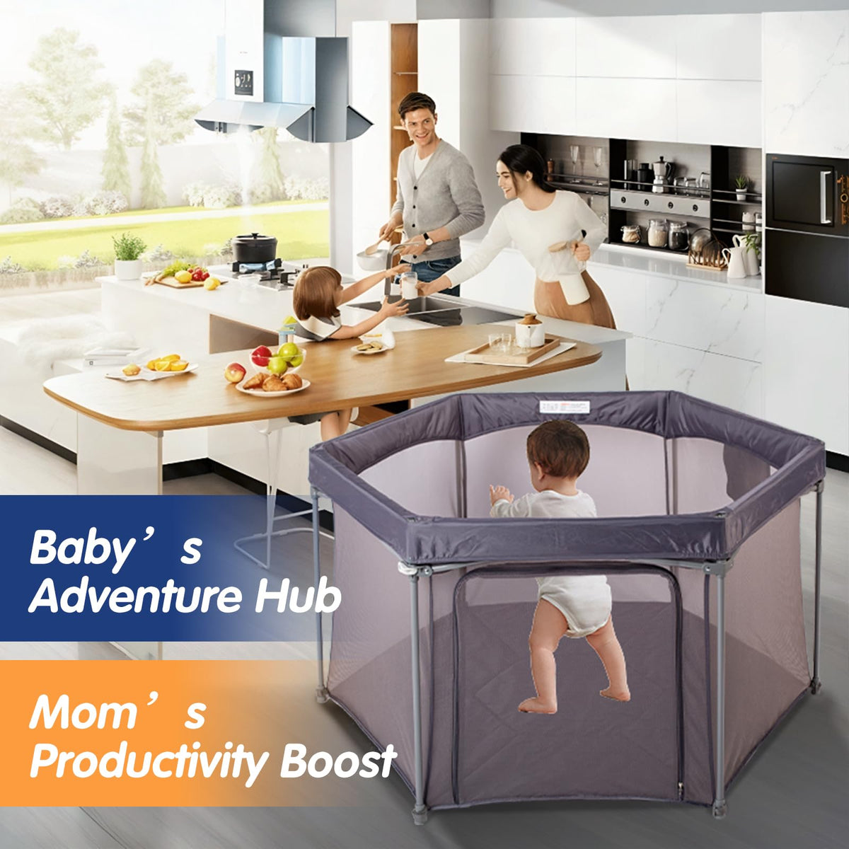 Baby Playpen 53x53 Inch Portable Play Yard with Breathable Mesh Walls Grey I782