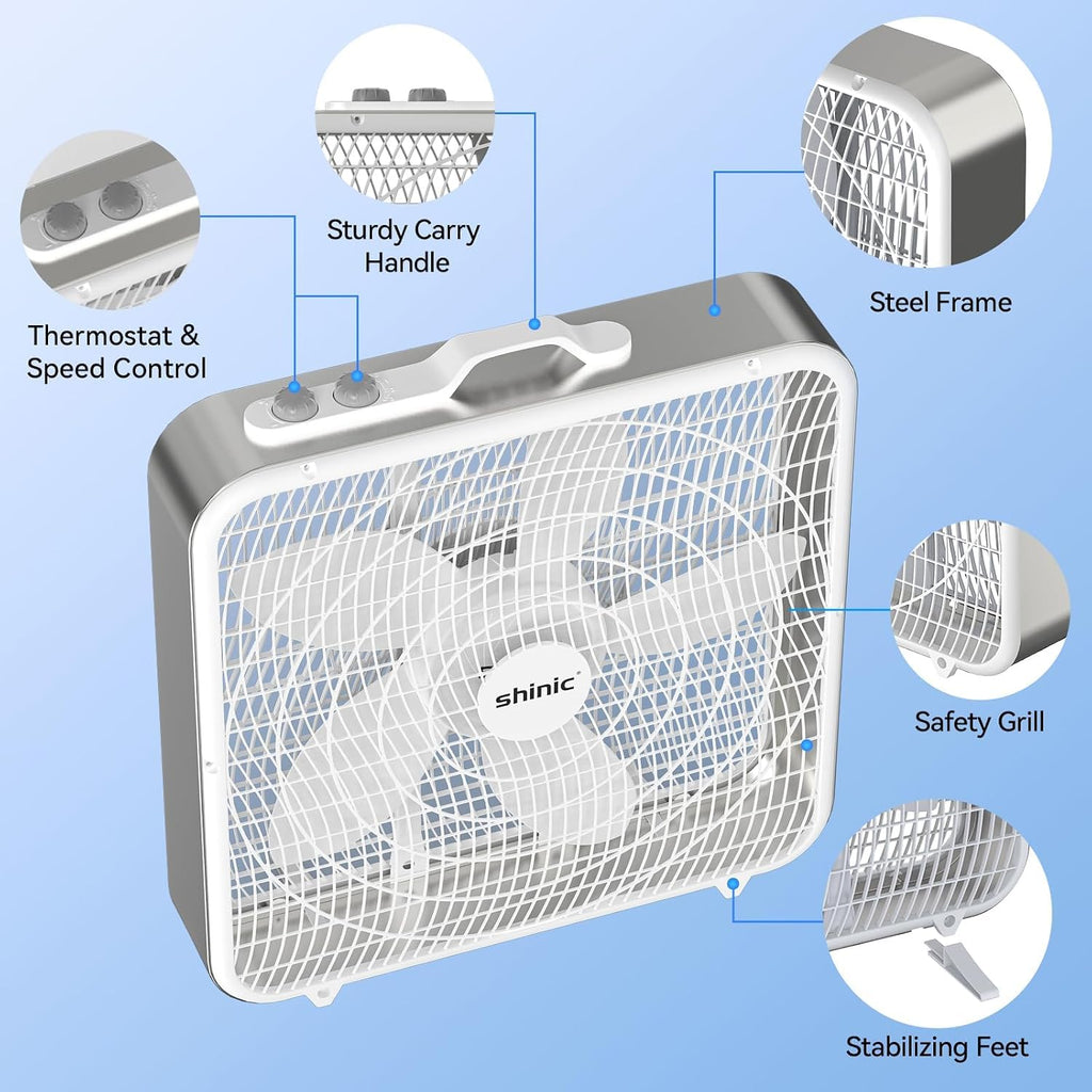 20” Box Fan with Thermostat, 3-Speed Portable Floor Fan, White B54093