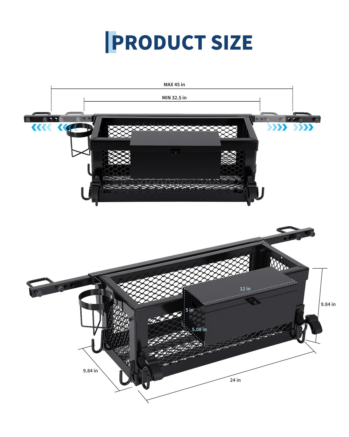 Heavy Duty Steel Tractor Tool Box Basket 24x10x10in Powder Coated Black J2232