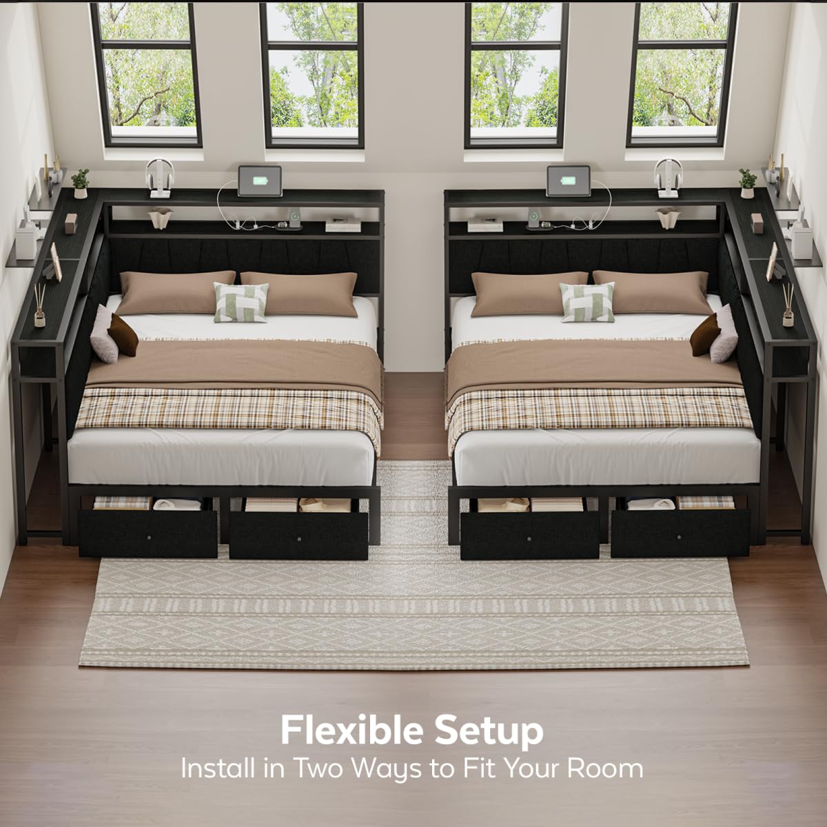 Black Full Size Storage Drawer Bed Frame with LED Lights and Charging Station G8433