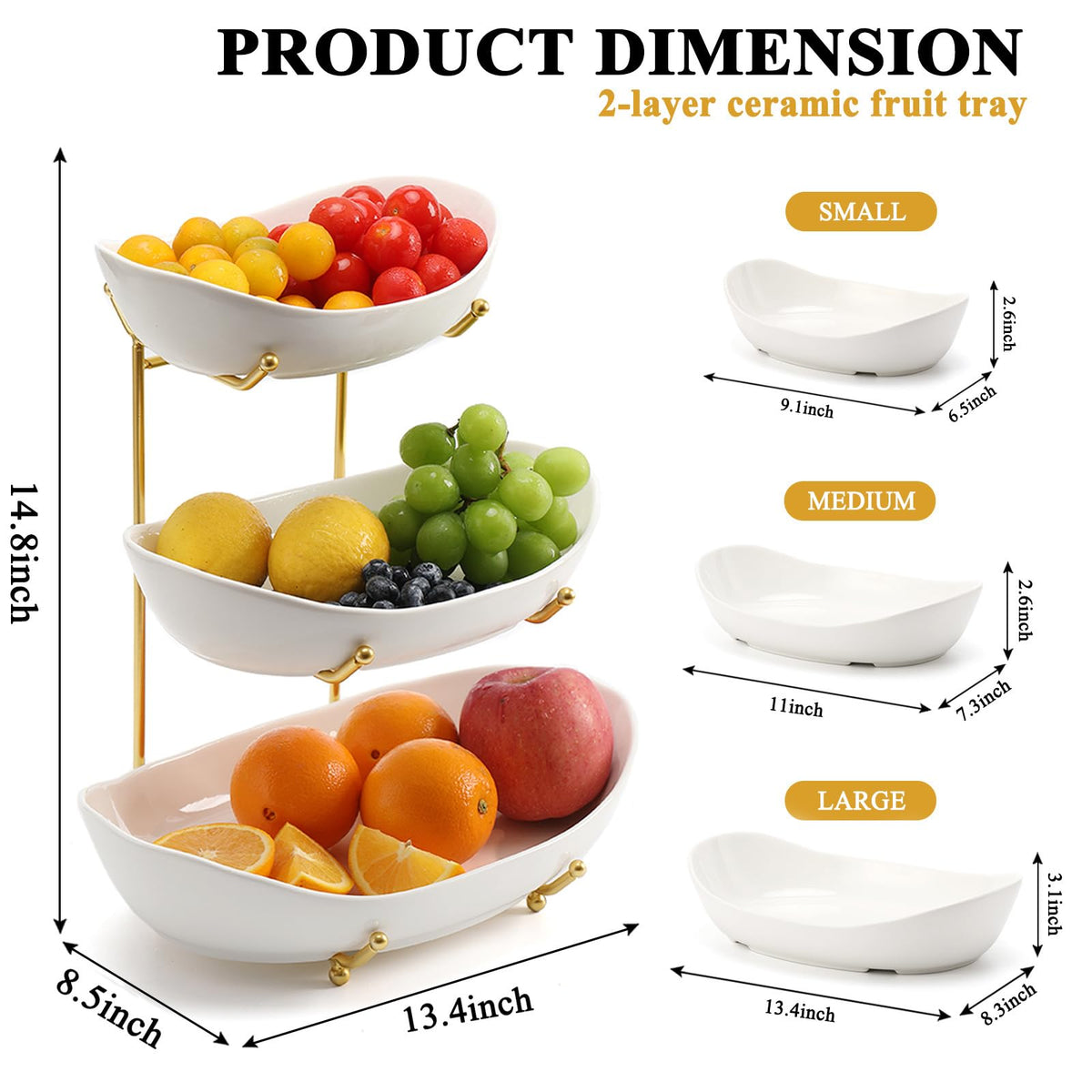 3 Tier Ceramic Fruit Bowl with Golden Metal Stand L677