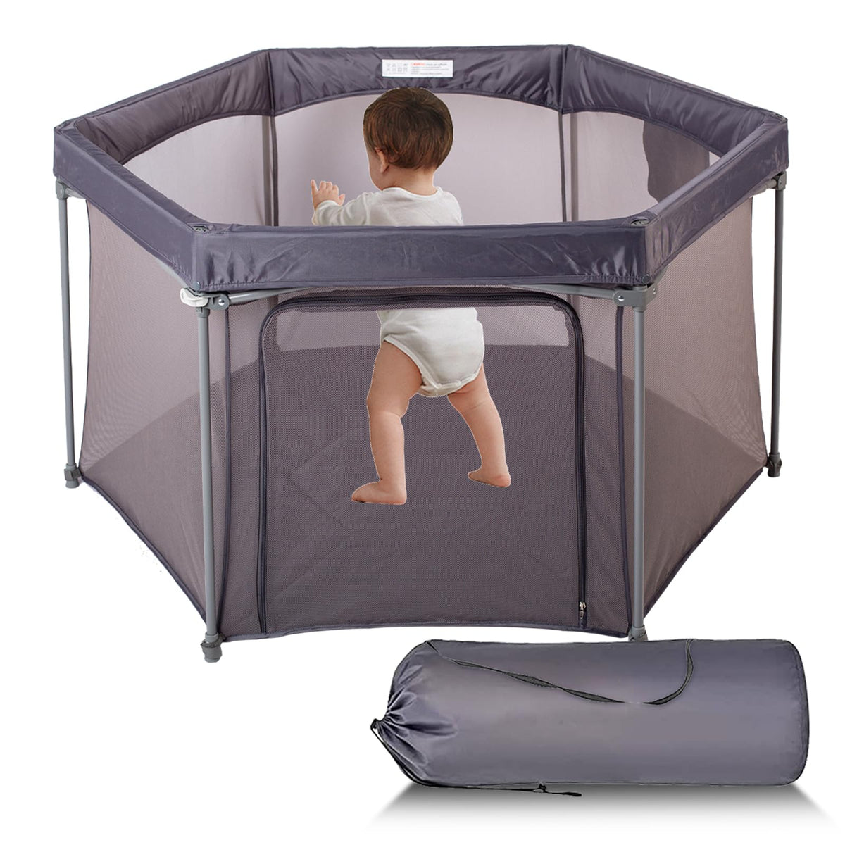 Baby Playpen 53x53 Inch Portable Play Yard with Breathable Mesh Walls Grey I782