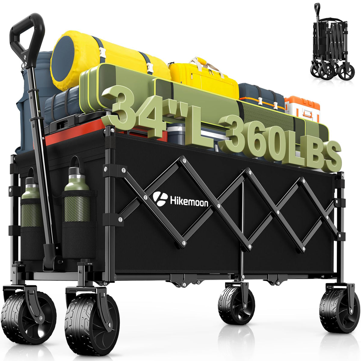 34'' Extra Long Folding Wagon Wide Wheels 120L 360LBS Black C7110