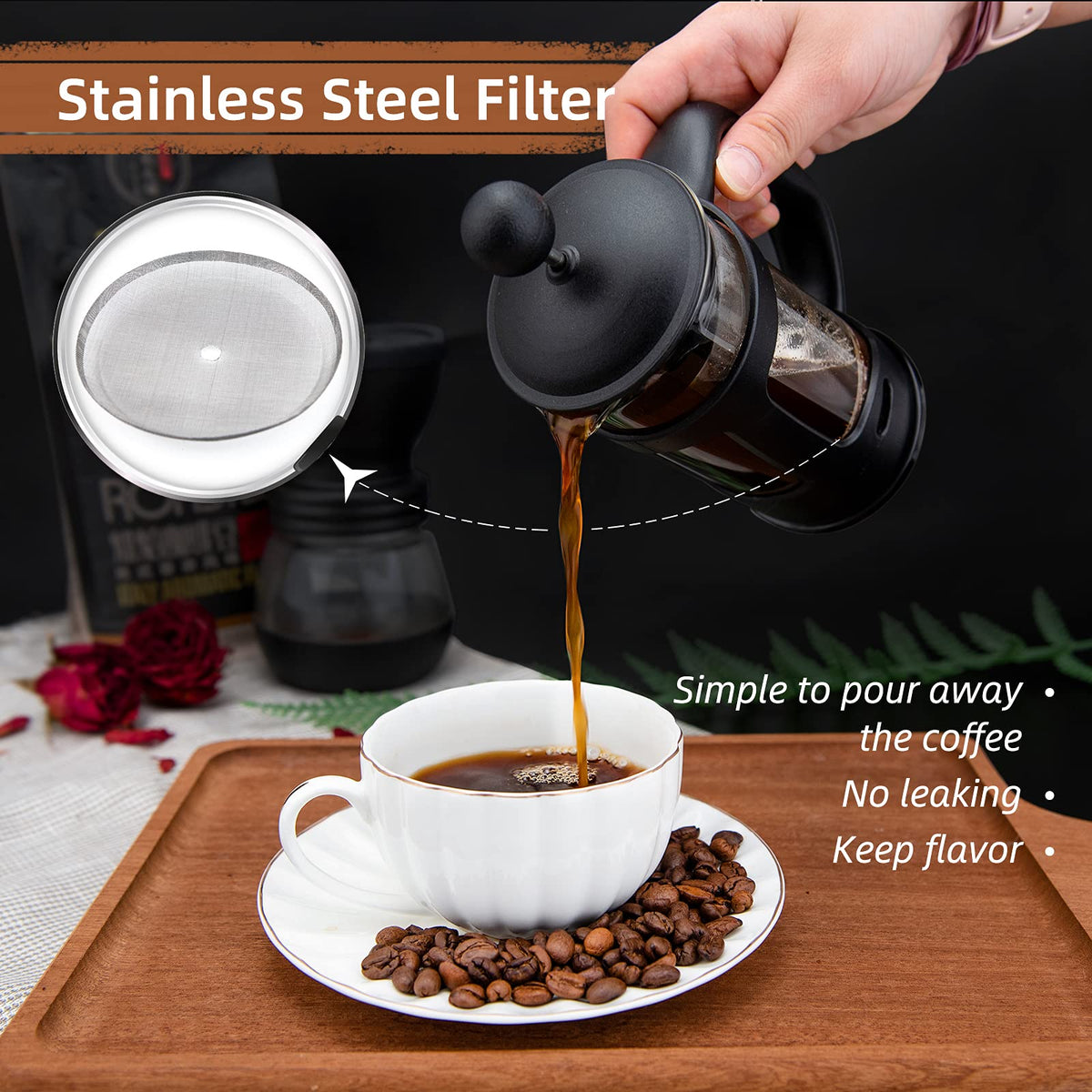 Mini French Press Coffee Maker, 1 Cup, 12oz, Stainless Steel Filter M73933