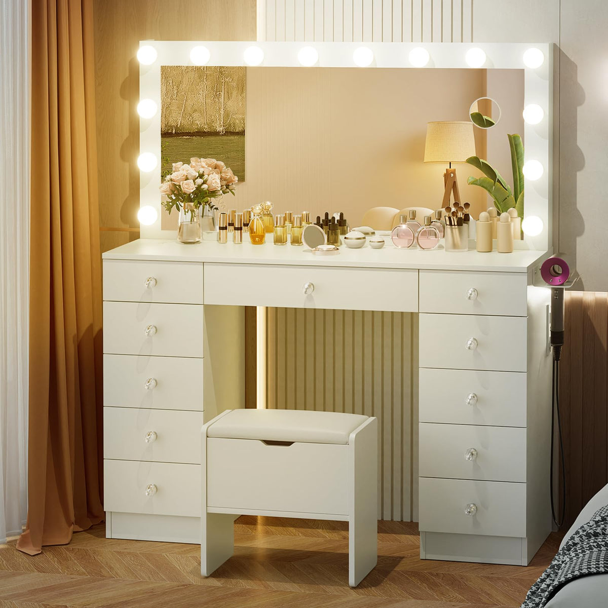 46" Vanity with Lighted Mirror and 11 Drawers B779
