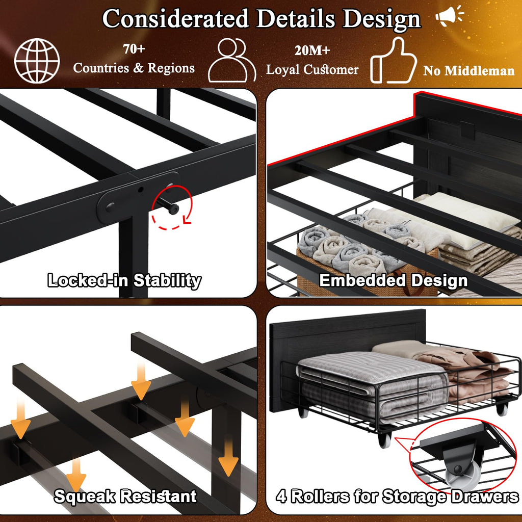 Black Twin Bed Frame with Storage Headboard and Drawers W4843
