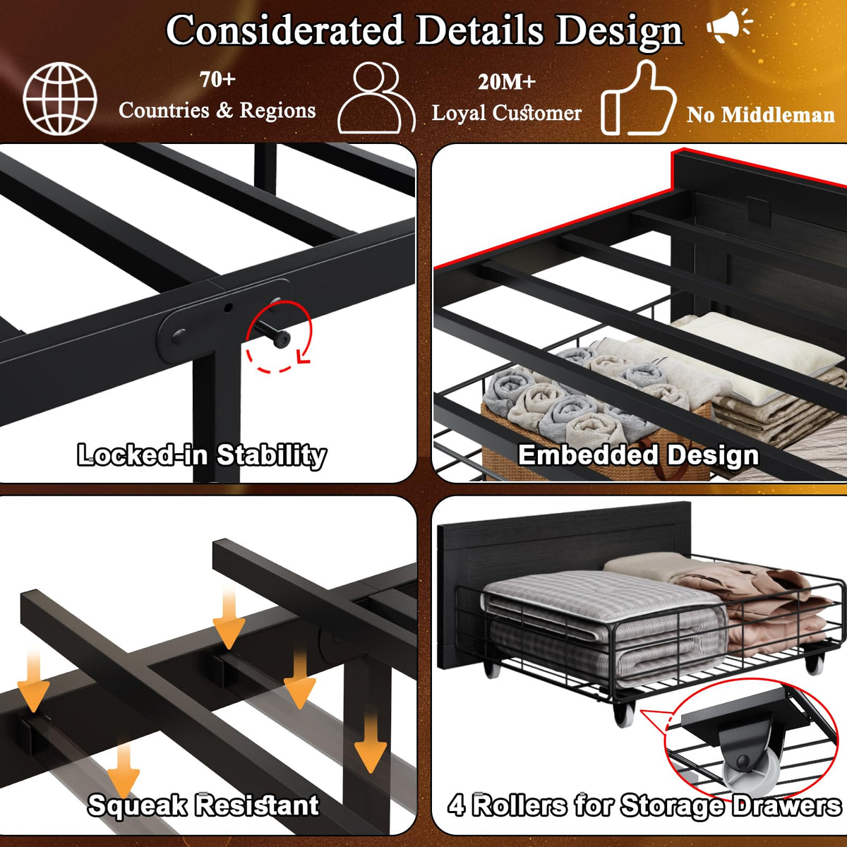 Black Twin Bed Frame with Storage Headboard and Drawers W4843