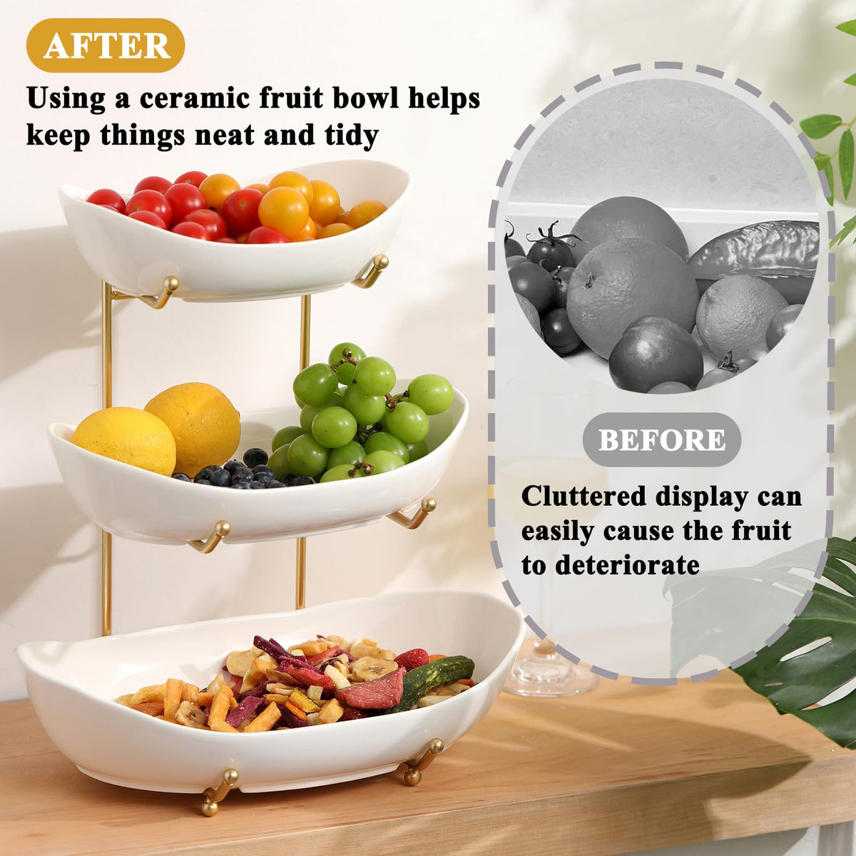 3 Tier Ceramic Fruit Bowl with Golden Metal Stand L677