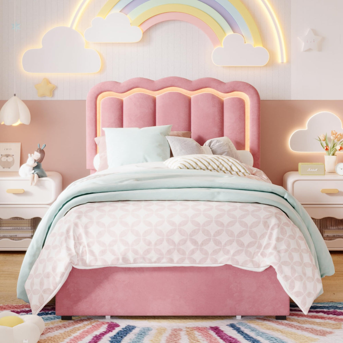 Twin Size Bed Frame with LED Lights and Storage Drawer E2979