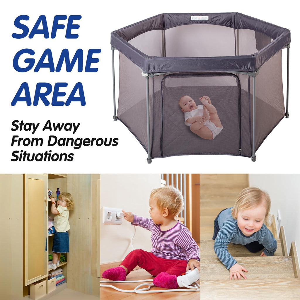 Baby Playpen 53x53 Inch Portable Play Yard with Breathable Mesh Walls Grey I782