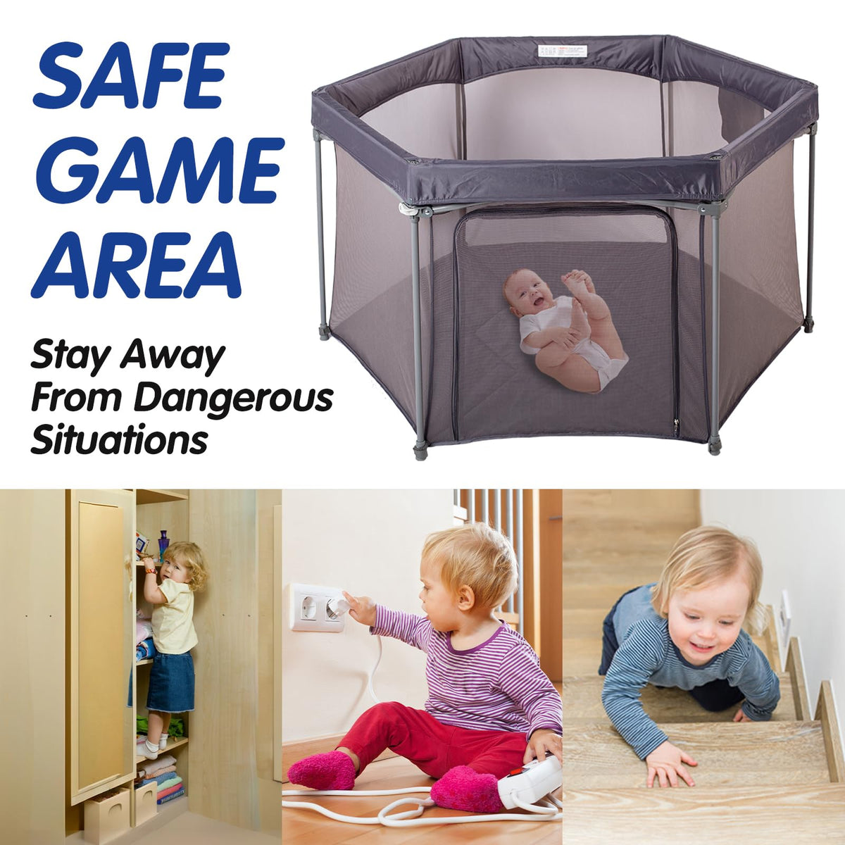 Baby Playpen 53x53 Inch Portable Play Yard with Breathable Mesh Walls Grey I782