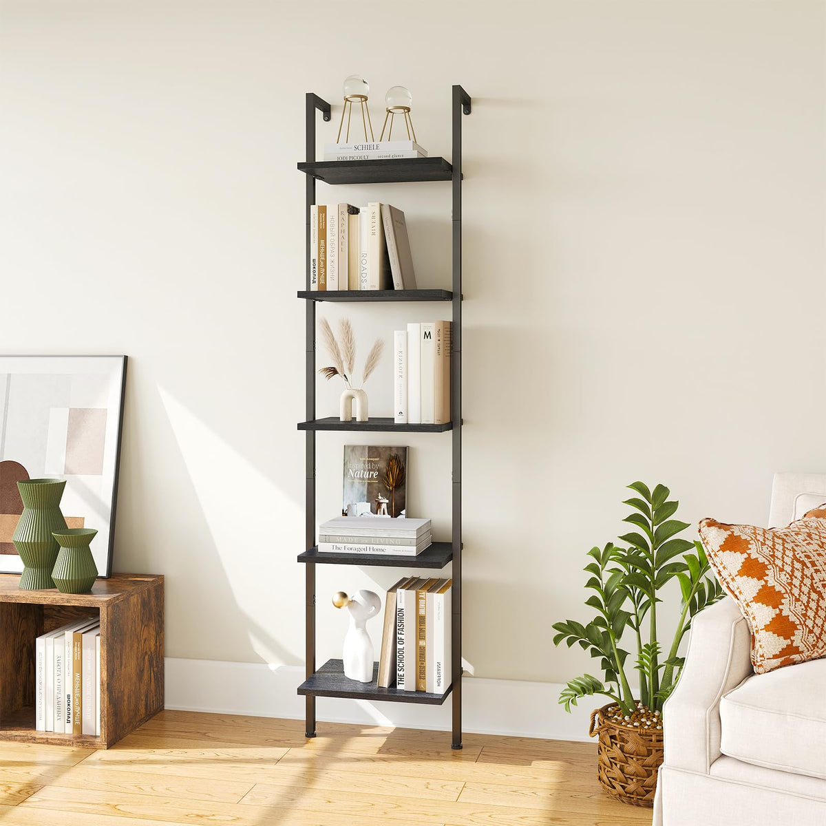 5-Tier Wood Wall Mounted Ladder Bookshelf F133