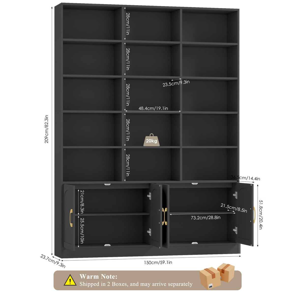 82.3" Triple Wide Bookshelf with 4 Doors, Black N24152