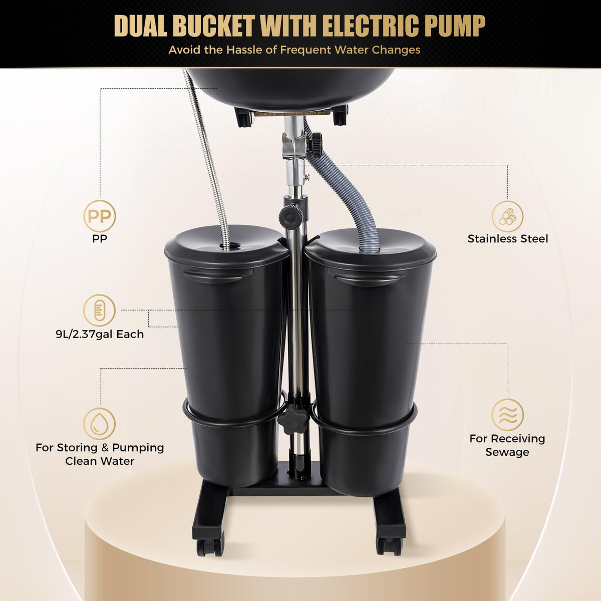 Portable Height-Adjustable Shampoo Basin with Electric Pump and 2 Water Buckets Y639